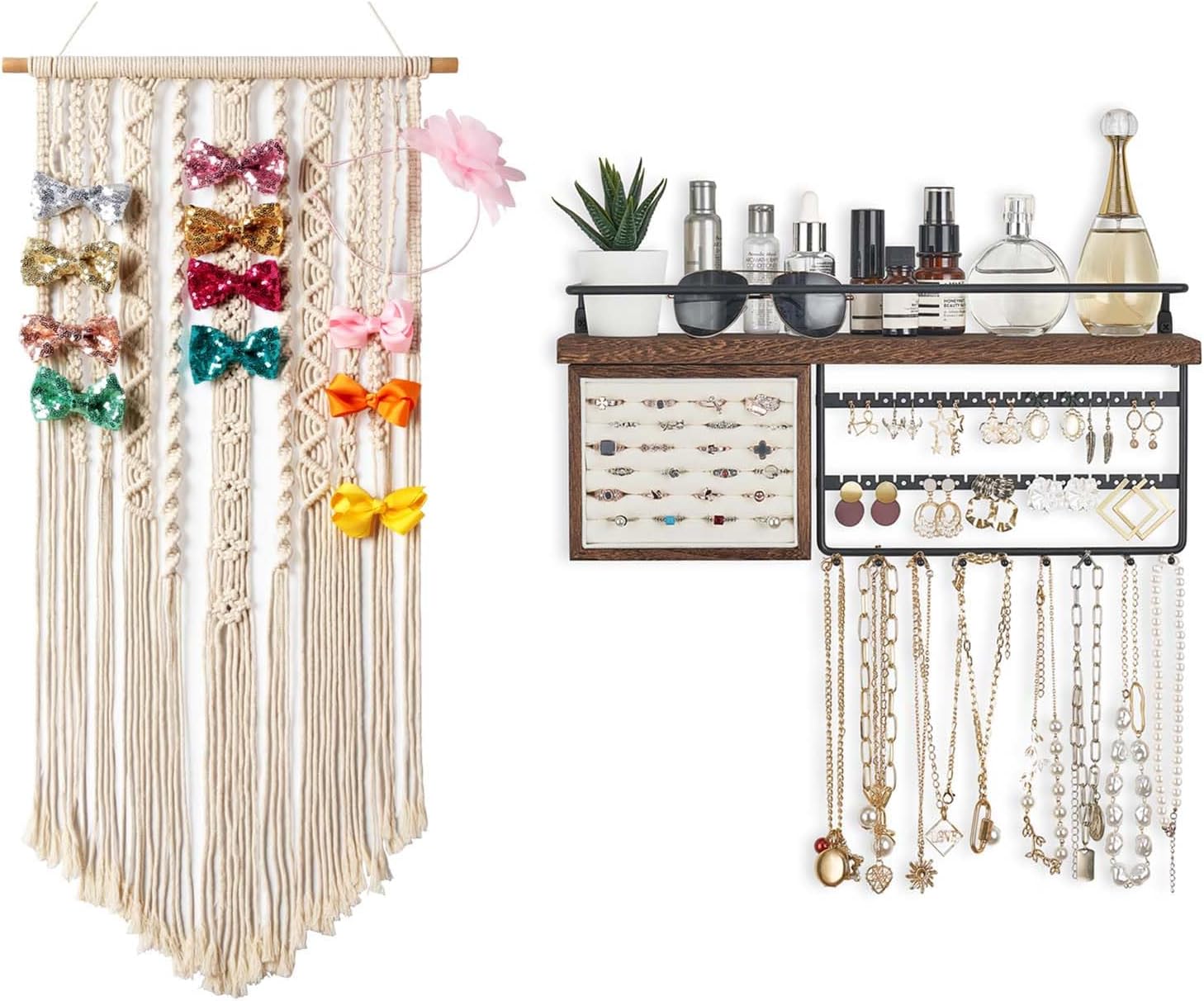 Mkono Macrame Bow Holder Hanging Hair Bow Organizer and Hanging Wall Jewelry Organizer Wall Mounted Jewelry Holder Organizer with Wooden Shelf Necklace Holder Ring Display Box Jewelry Storage