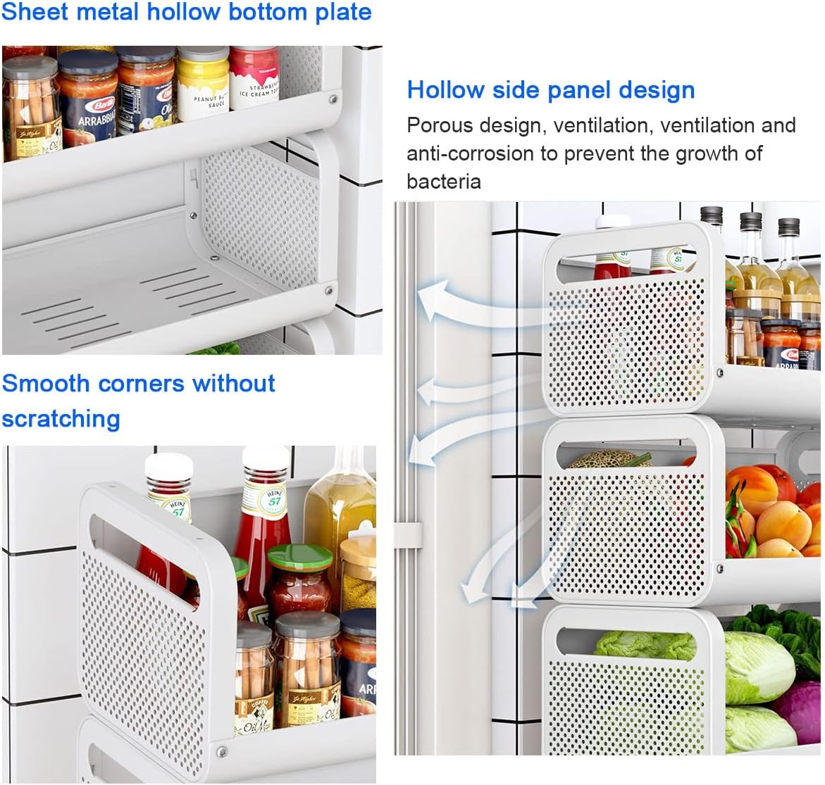 LEIYTFE Kitchen Storage Rack with Wheels Fruit Basket 3/4 Tier Stackable Storage Cart for Narrow Space,Rolling Utility Cart Organization Shelf (Color : White, Size : 3 Tier)