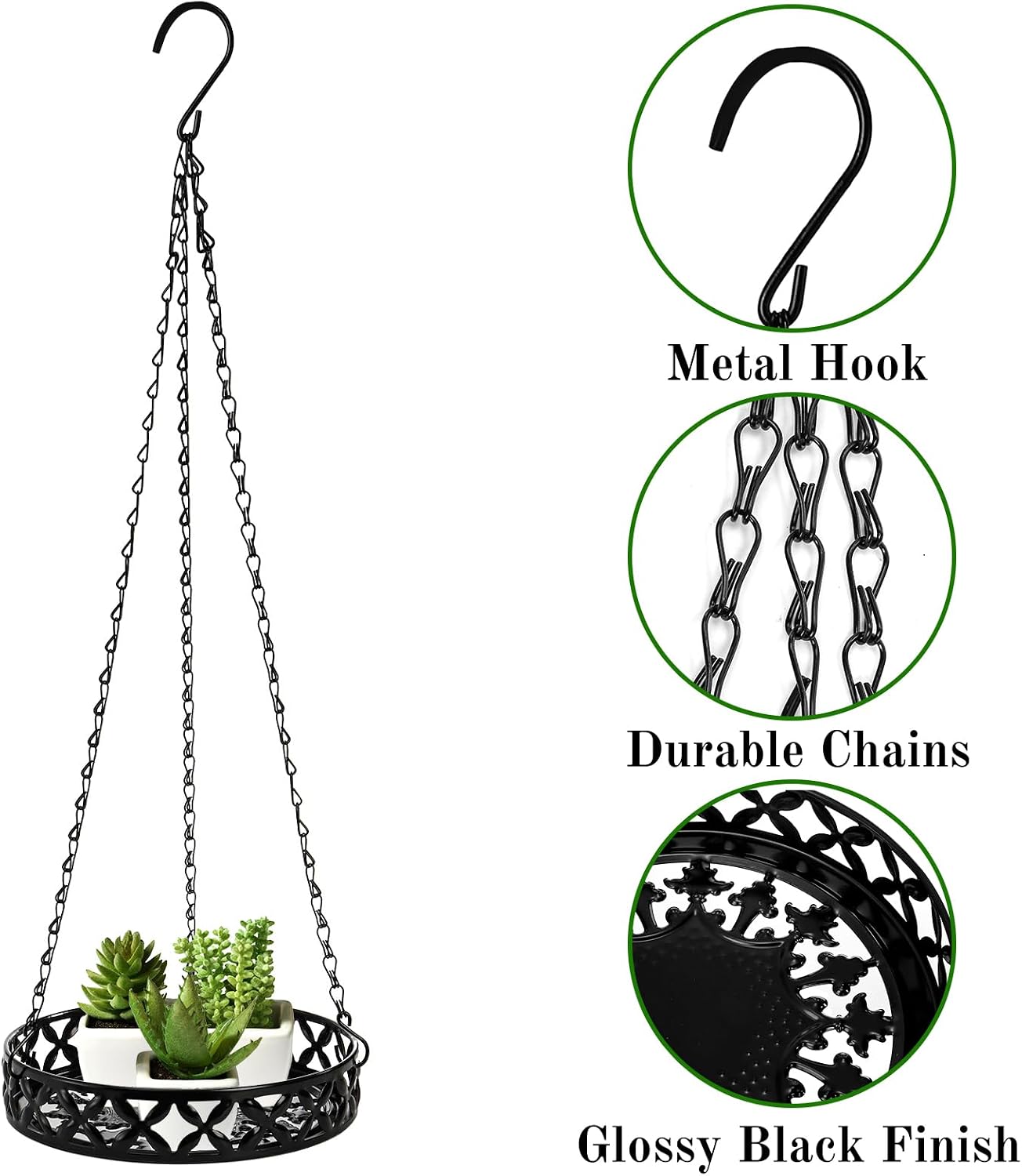 2 Pack Hanging Planters, 9.8 Inch Metal Plant Hanger, Decorative Glossy Black Plant Pot Holder, Planter Hanging Baskets with Chains and Hooks for Indoor or Outdoor Balcony Porch Home Decor