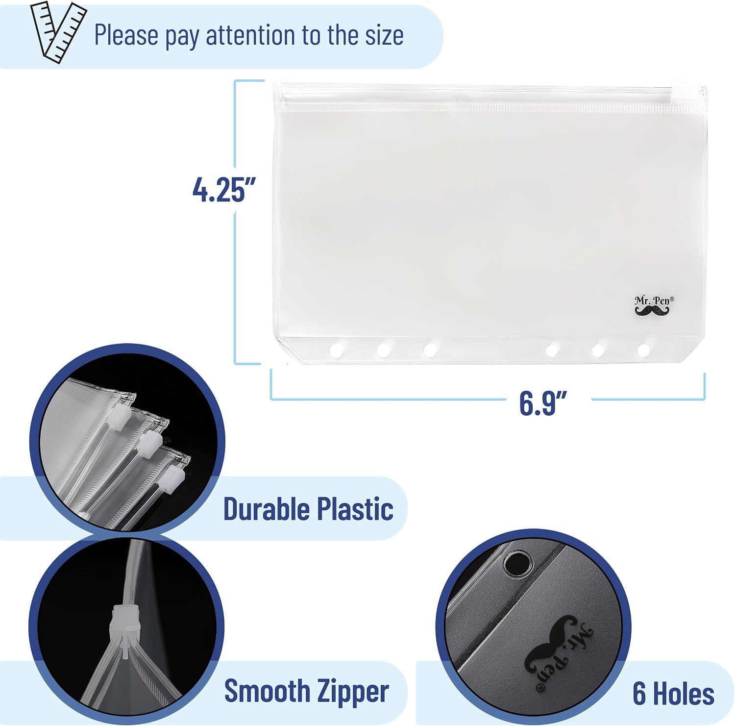 Mr. Pen- A6 Binder Pockets, 8 Pack, 6 Holes, A6 Binder Inserts, A6 Binder Cash Envelopes, Clear Cash Envelopes, Zipper Envelopes, A6 Binder Envelopes, Clear Zipper Pouches for Binders, A6 Zipper Pouch