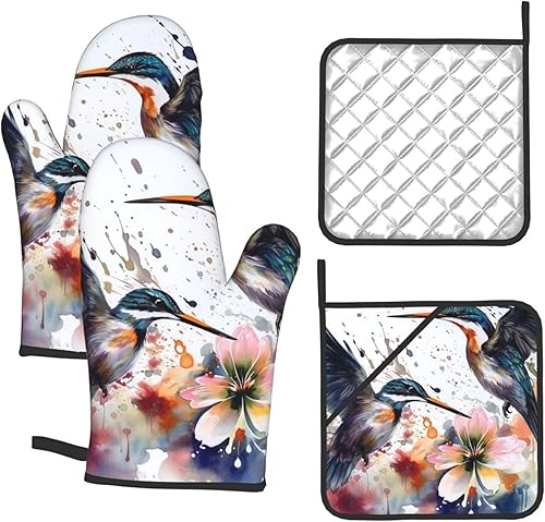 Miniatura 8 de Juego de guantes de horno y soportes para ollas con estampado de acuarela, 4 unidades, guantes de horno de cocina resistentes al calor y