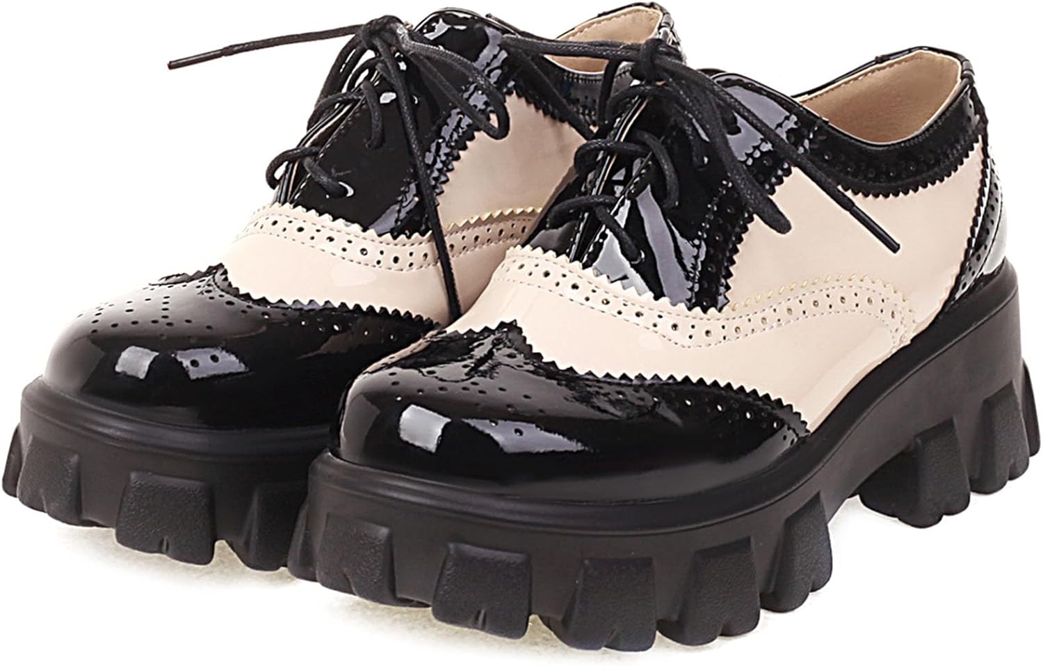 SHEMEE Patent Leather Chunky Mid Heels Wingtip Oxfords Lug Sole Brogues Platform Saddle Shoes for Women - Image 2