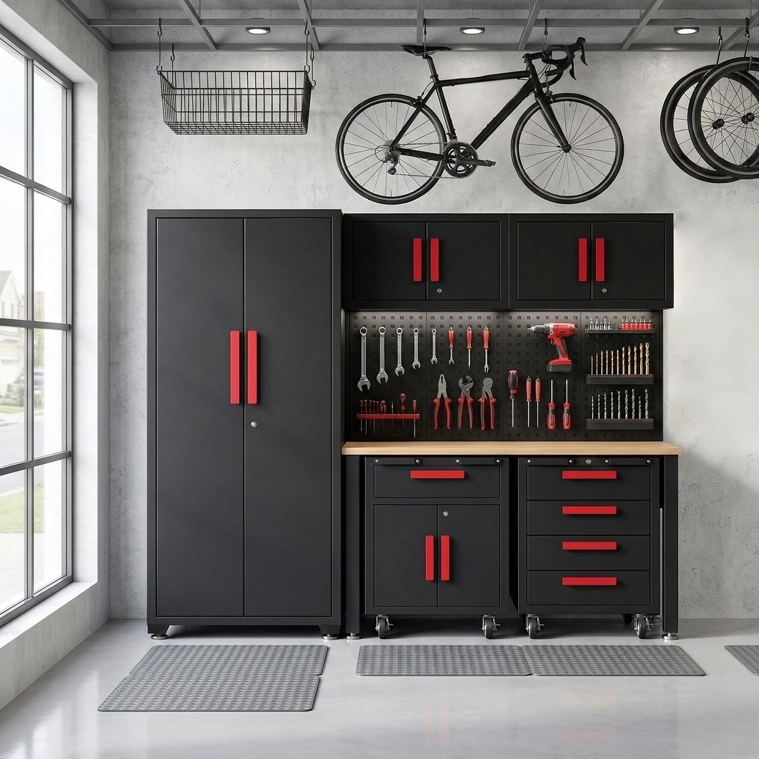 Garage Storage Cabinet System, 6-Pcs Garage Cabinets and Storage System Corner Workshop Set with Corner Cabinet, Cabinet Drawers, Workbench, Pegboard for Tool Organization, Black and Red