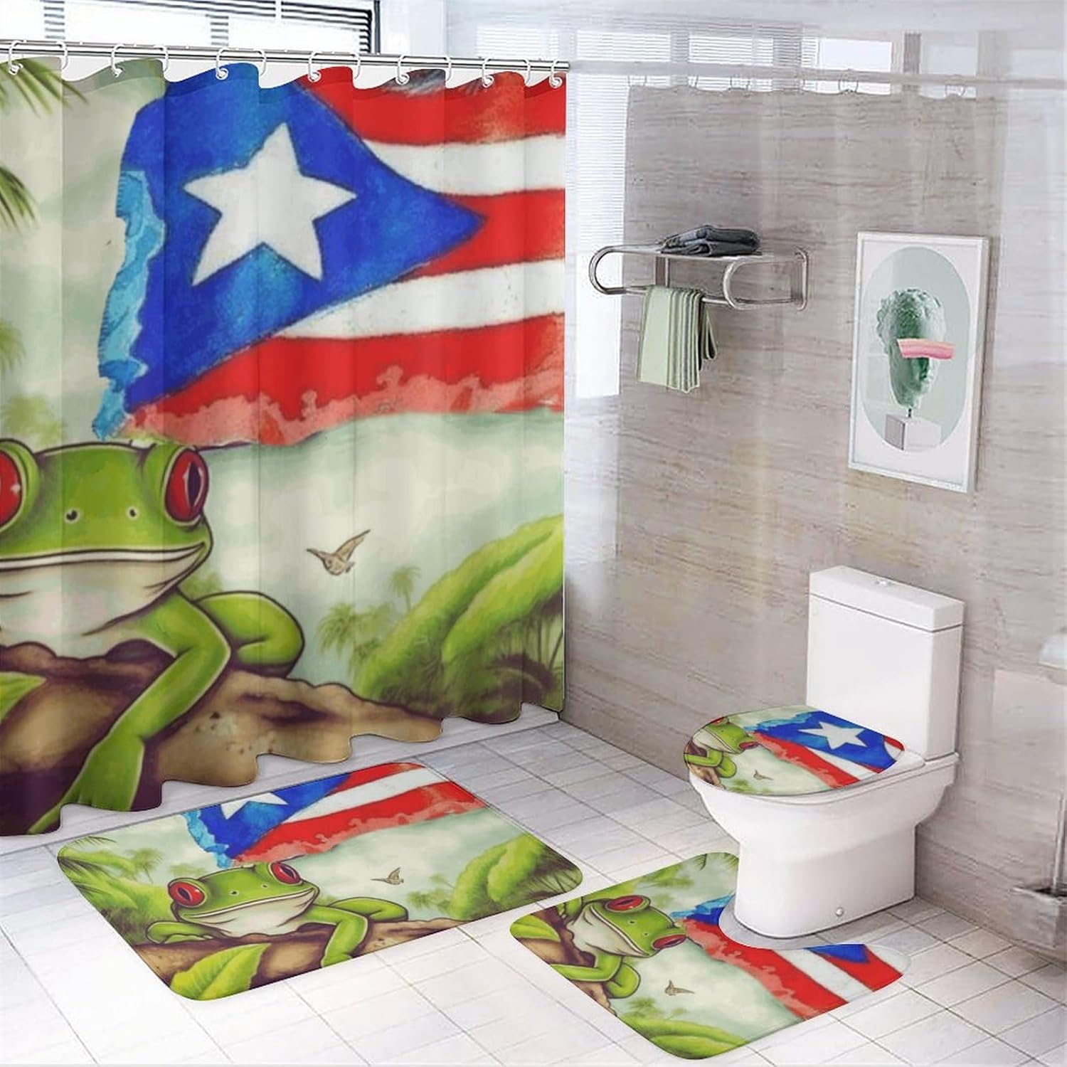 LAZURE 4 Pcs Bathroom Shower Curtain Set,Bathroom Sets with Rugs (Bath Mat,U Shape and Toilet Lid Cover Mat), Puerto Rico Flag Frog Bathroom Decor Set