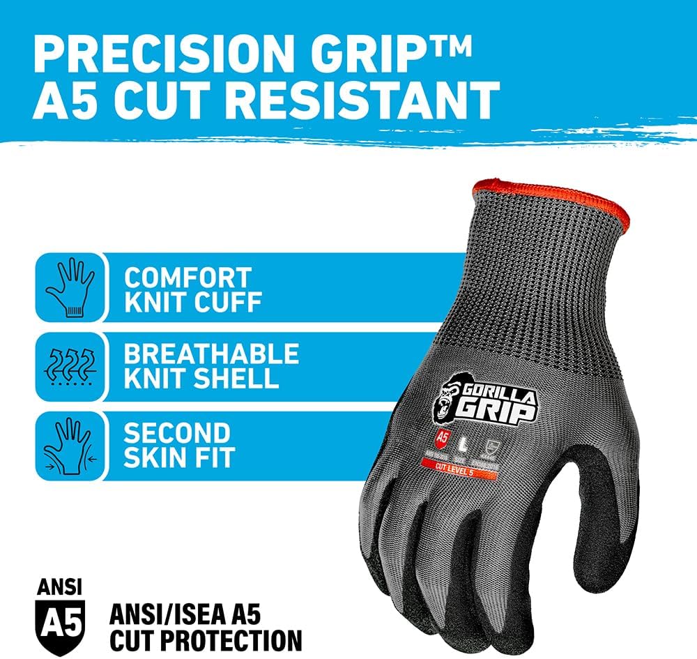 Gorilla Grip A5 Cut Resistant Work Gloves, Touschreen Compatible Safety Gloves, Breathable, Nitrile Coated, Grey - Large (12 Pack)