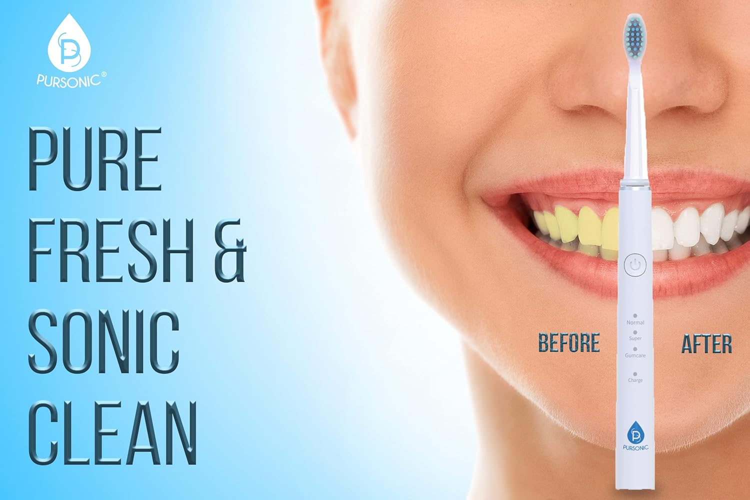 Pursonic Whitening USB Rechargeable Sonic Toothbrush-12 Brush Heads!- 38,000 Brush Strokes Per Minute-3 Brushing Modes with 2 Minute Auto Timer (White)