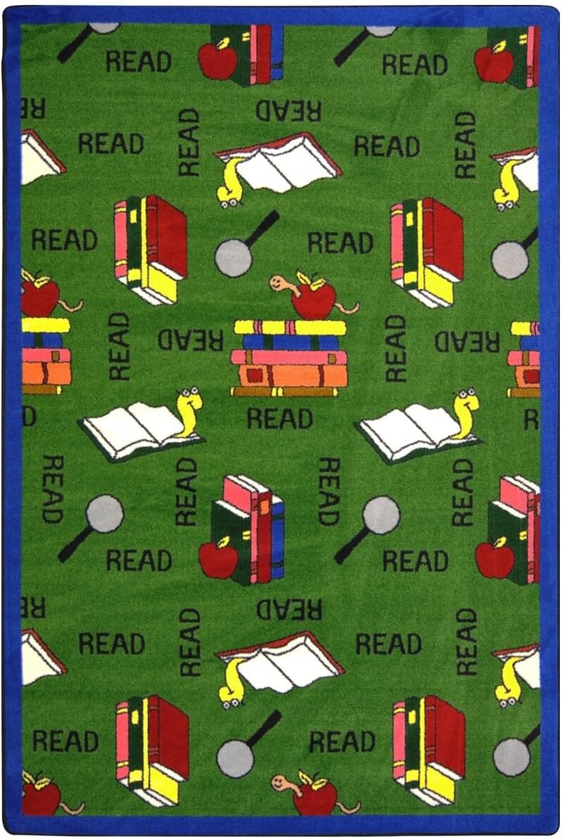 Joy Carpets Kid Essentials Language & Literacy Bookworm Rug, Green, 5'4" x 7'8"