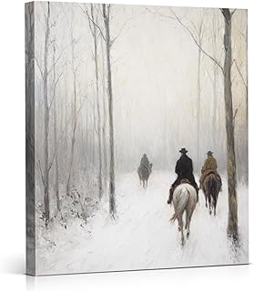 Vintage Christmas Decorations - Winter Forest Horseman Wall Art Picture Painting Artwork - Indoor Holiday Christmas Gifts Decor for Home Farmhouse Wall Table Mantel 8"x10" Framed