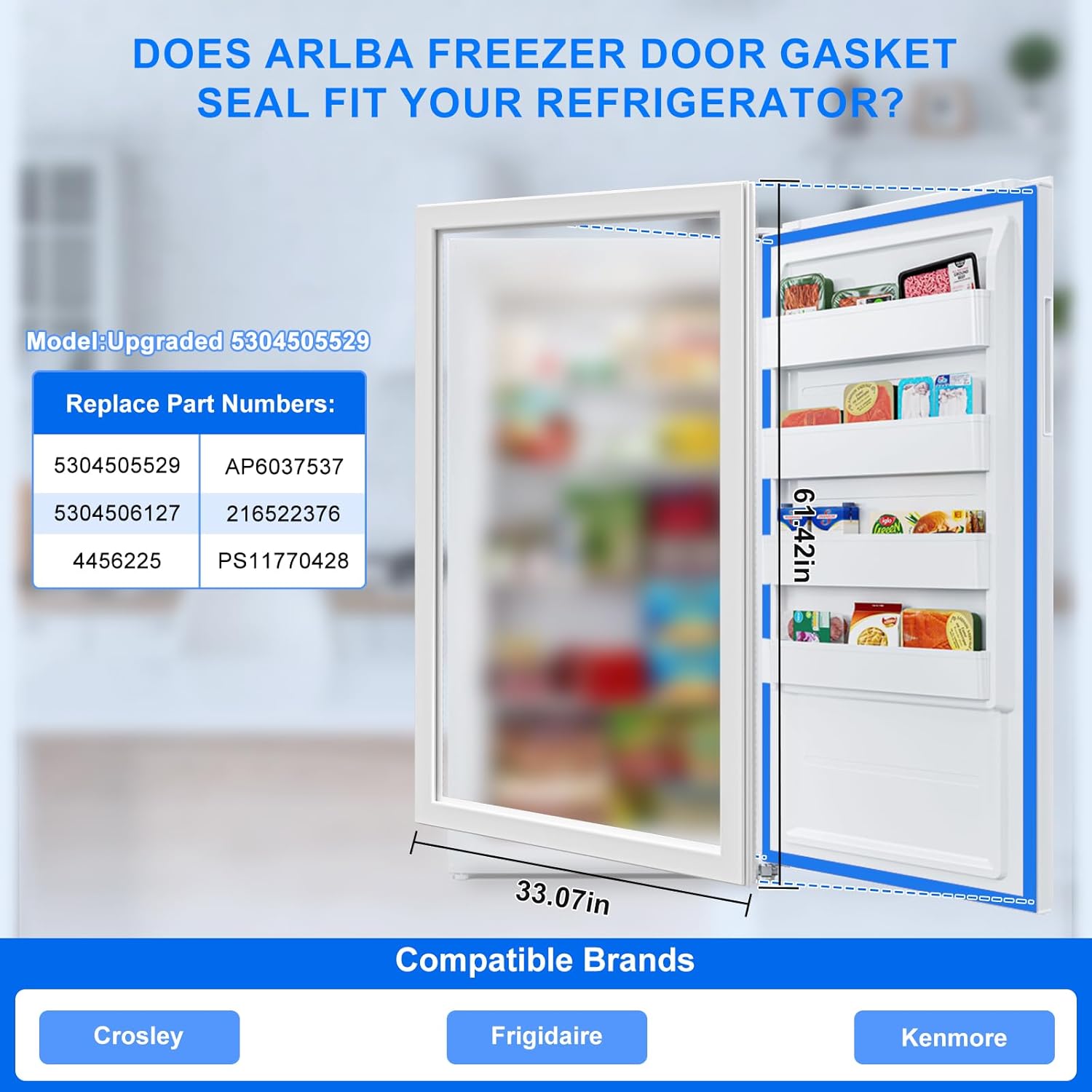 Upgrade 61.42"x 33.07" 5304505529 Refrigerator Freezer Door Gasket Compatible with Frigidaire Kenmore and Crosley Freezer Door Seal 216522376 PS11770428 EAP11770428 PD00036187 Upright Freezer White