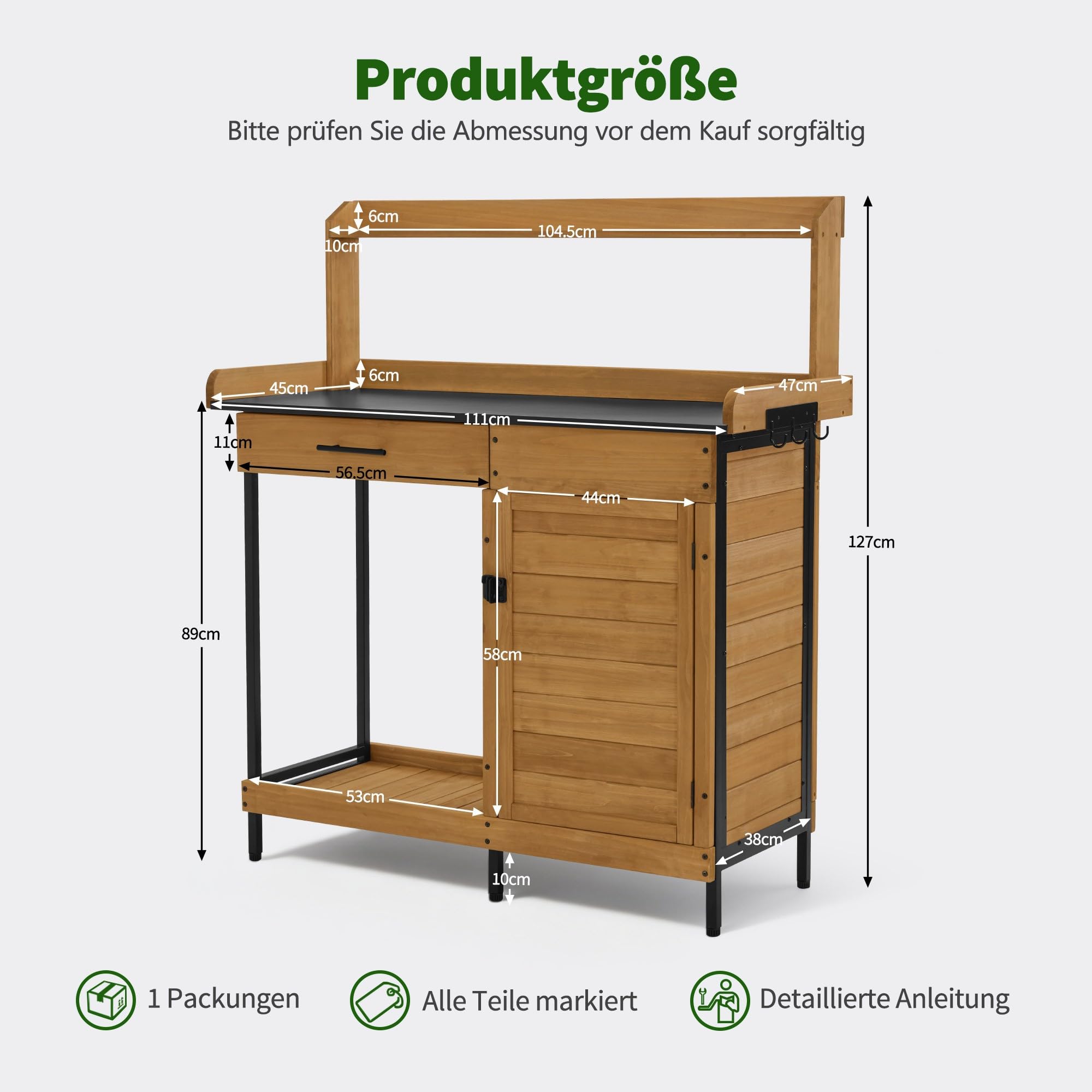 M MCombo Pflanztisch mit Schublade, Ablage, Verzinkter Arbeitsplatte & Schrank, Gärtnertisch Wetterfest mit 3 Haken, Blumentisch Massivholz für Garten, Balkon & Terrasse, 2049 (Natur)