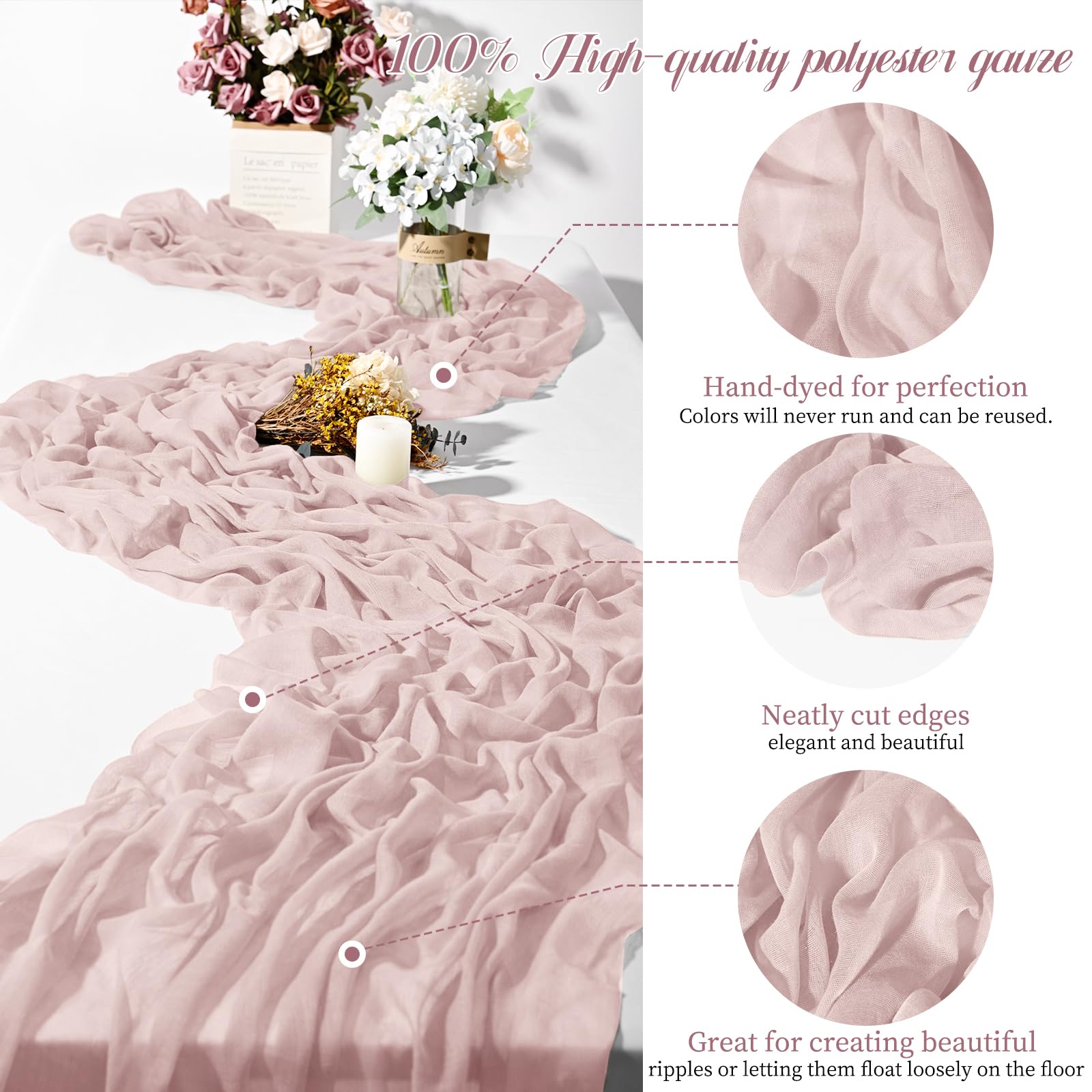 Lot de 24 chemins de table en étamine, 3 m, rustiques, style bohème, décoration de table de mariage, fête prénuptiale, décoration de table de mariage, fête prénuptiale, rose