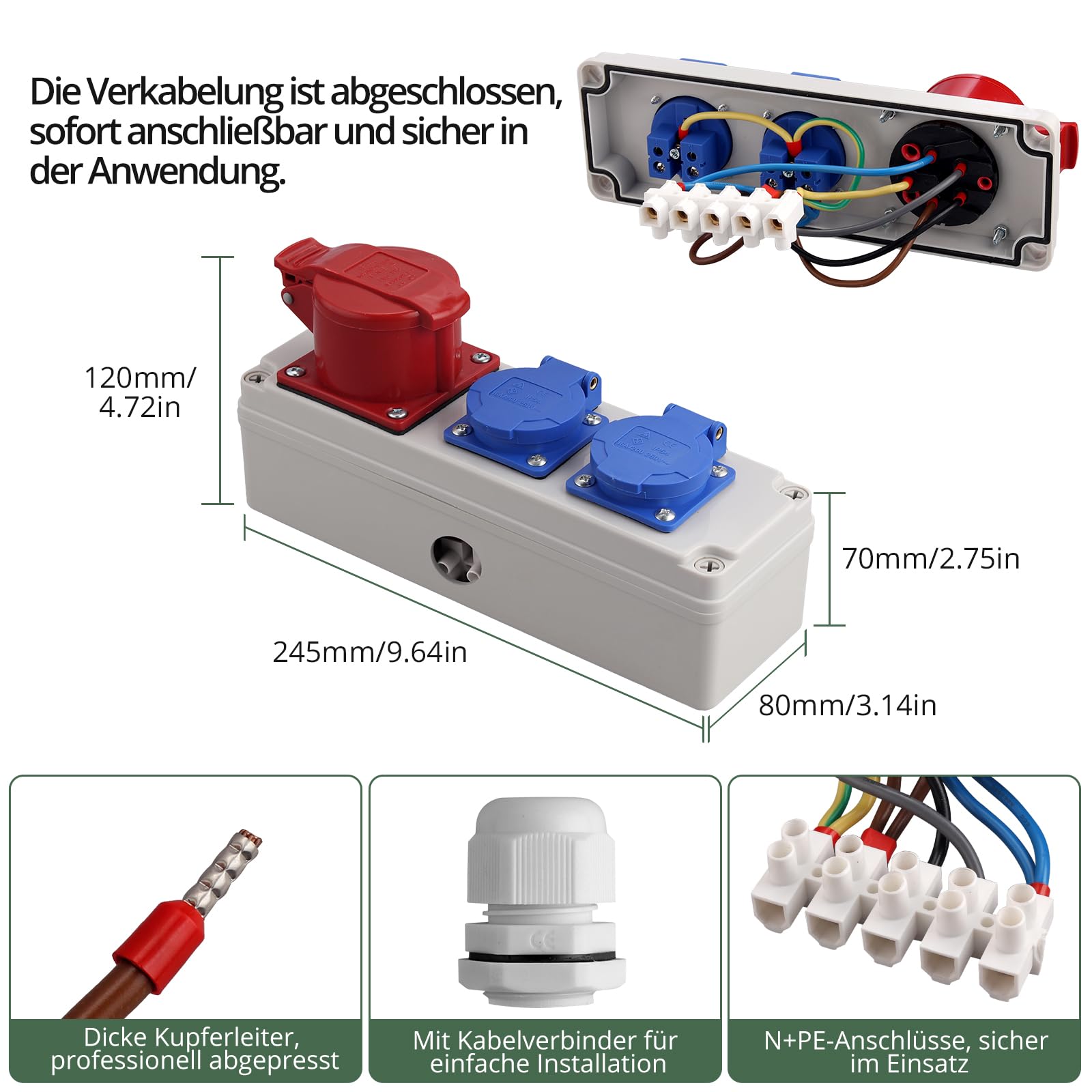 EYPINS Baustromverteiler, Wandverteiler 2x 230V Schuko-, 1x CEE-Steckdose 16A Stromverteiler IP66/IP54 Wasserdicht, Kleinstromverteiler für Innen und Außen Werkstätten Fabriken Festzelte Wohnmobil