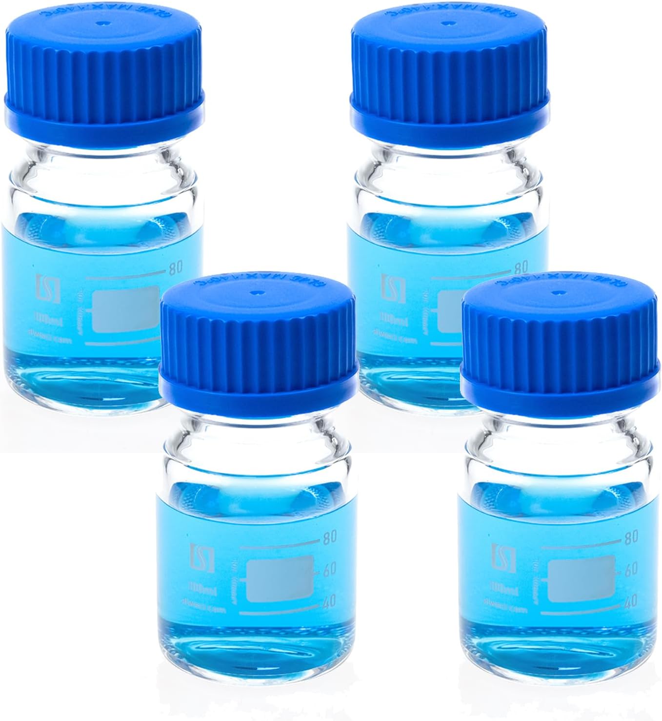 ALWSCI 100ml Graduated Glass Round Media Storage Bottle with blue GL45 Screw Cap, 3.3 Borosilicate Clear Glass, Wide Mouth Lab Reagent Bottle, Pack of 4