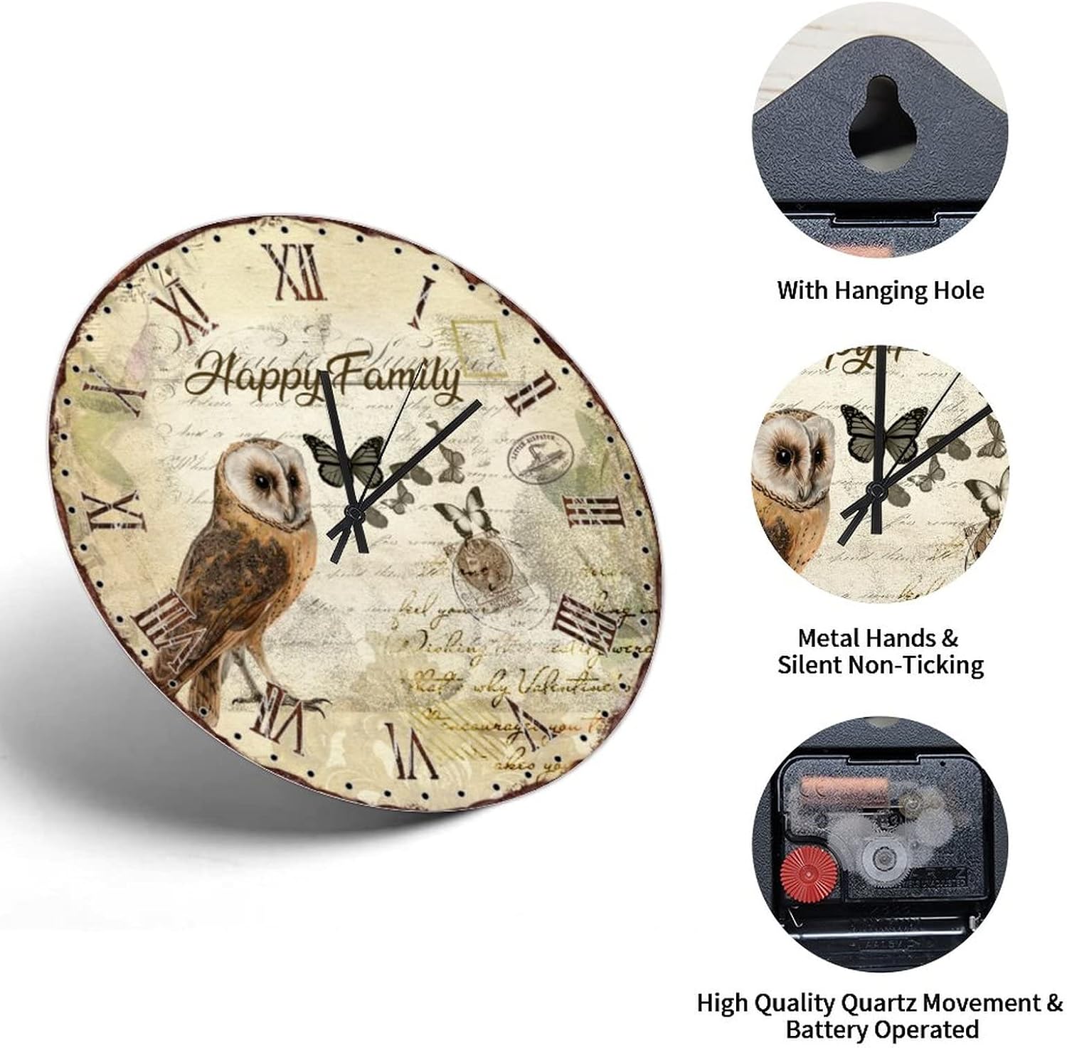 10in Wall Clock Happy Family Owl Wooden Wall Clock Roman Numerals Marine Style Silent Non Ticking Battery Operated Rustic Novelty Popular Wall Decor for Home Living Room Hotel Motorhomes image 3
