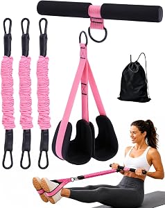 Upgraded Pedal Resistance Band with Handle, 3 Tube Adjustable Resistance Band for Core, ABS, Arm & Leg Workout, Sit Up Pedal for Women Pink