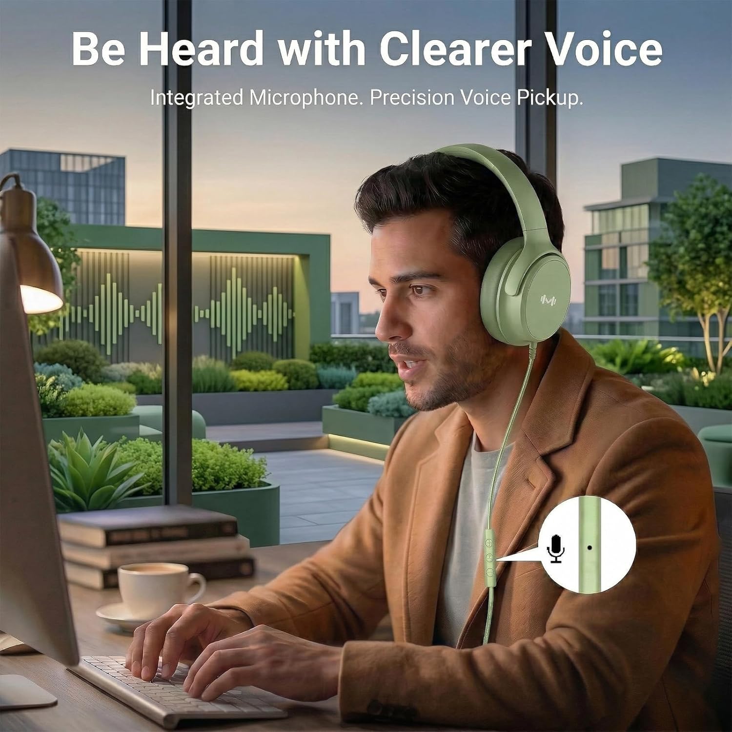 Wired Over-Ear Headphones with Microphone, USB-C Headphones with 3.5mm Adapter, Noise-Isolating Ear Cups, in-Line Controls for Work, Study, Music, and Travel(Green)