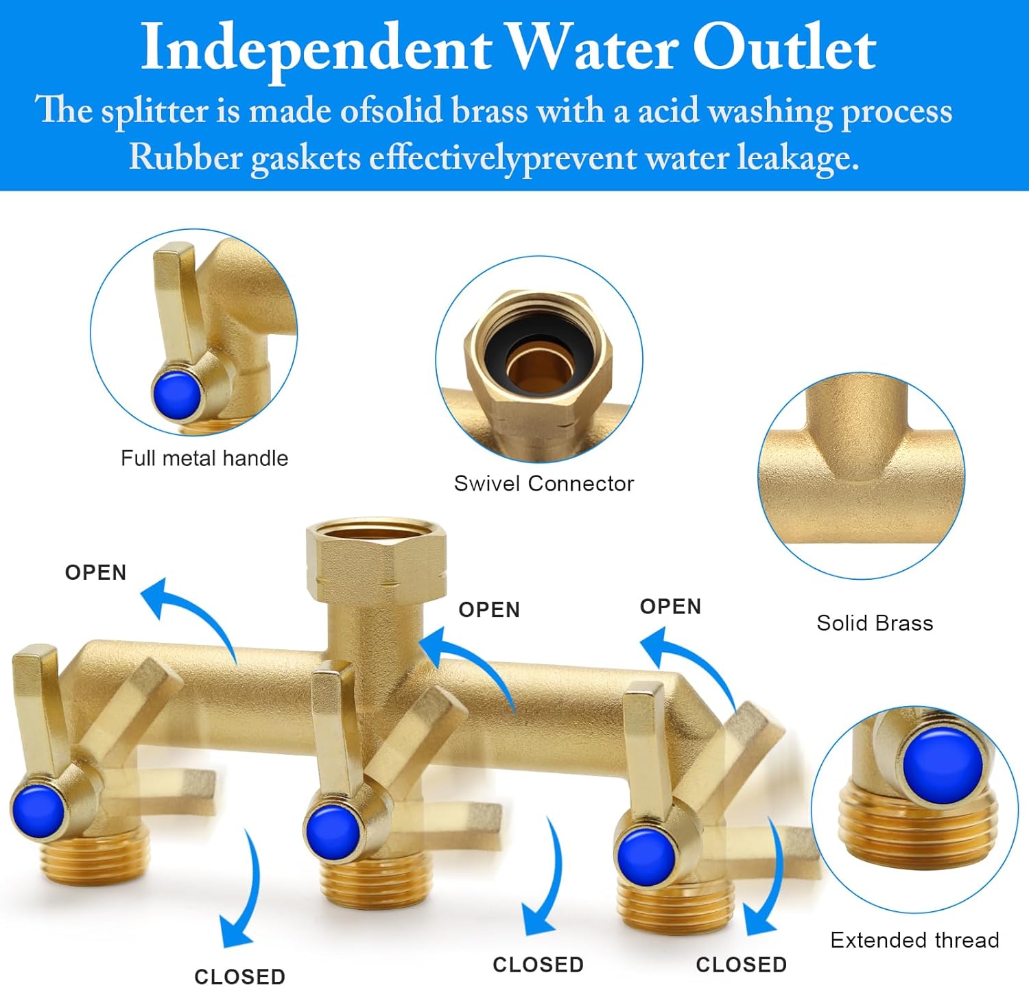 Brass Garden Hose Splitter, 3 Way Hose Splitter, Outdoor Hose Splitter, Outlet for Regulating and Shutting Off Water Flow