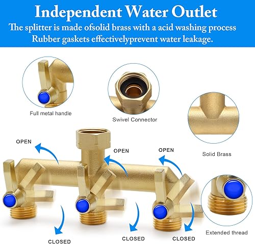 Miniatura 4 de Divisor de manguera de jardín de latón, divisor de manguera de 3 vías, divisor de manguera al aire libre, salida para regular y apagar el flujo de