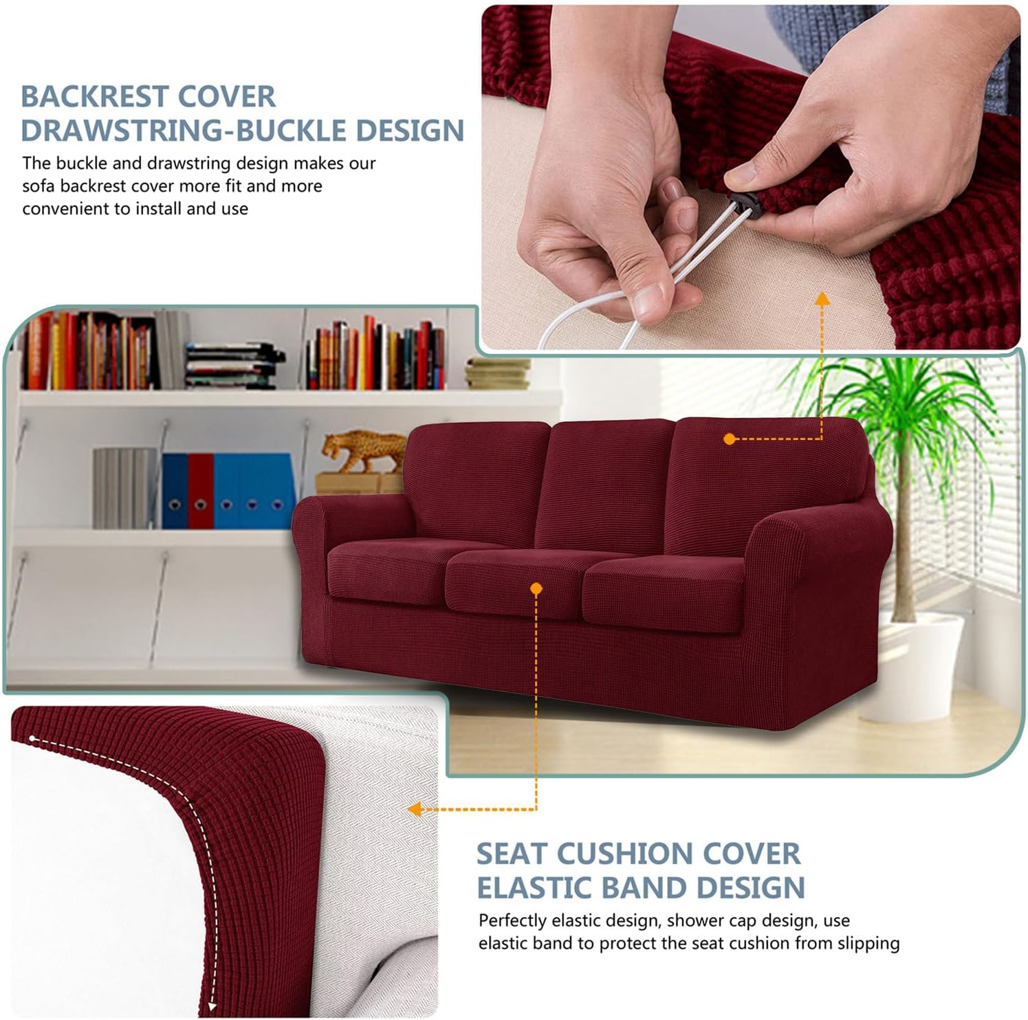 7 Piece Stretch Sofa Covers for 1Base Cover 3 Cushion Couch Cover and 3 Backrest Cover for Living Room Furniture Slipcovers Thicker Jacquard Fabric (Wine Red)