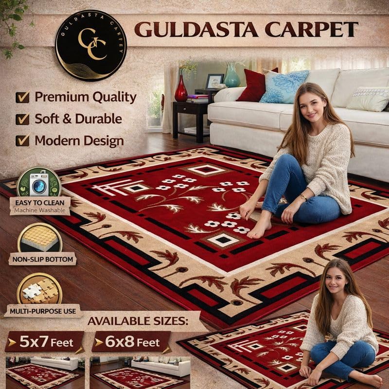 Image of Red Floral Area Rug 5x7 Feet Anti-Slip Living Room Bedroom Home Decor