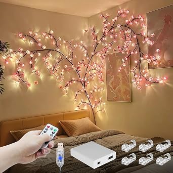 Cherry Enchanted Willow Vine Lights, Cherry Blossom LED Tree Branch Lights for Wall, Remote Timer, 8 Light Model, for Bedroom Wall Doors Windows Wedding 4FT 48LED