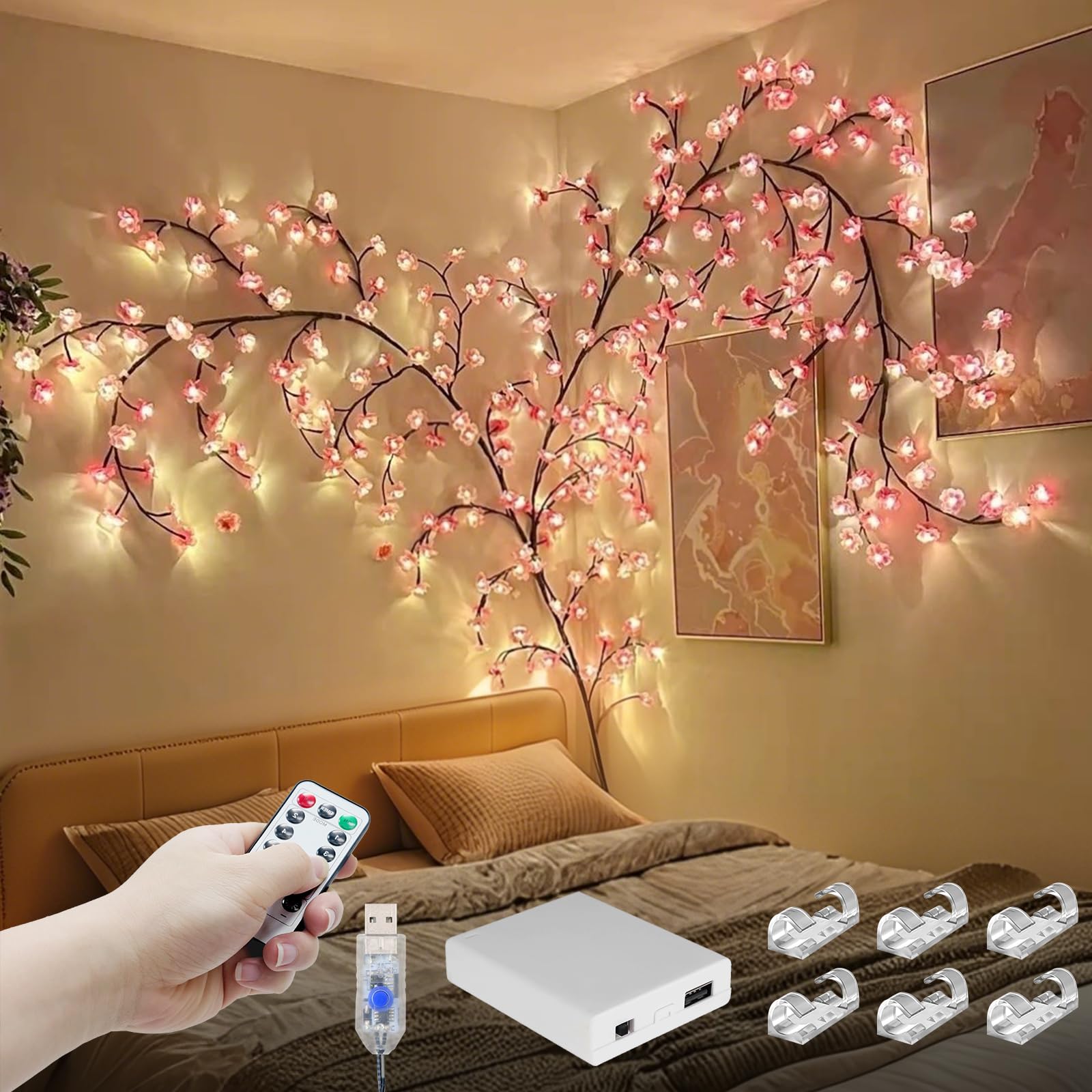 FNHMSL Cherry Enchanted Willow Vine Lights, Cherry Blossom LED Tree Branch Lights for Wall, Remote Timer, 8 Light Model, for Bedroom Wall Doors