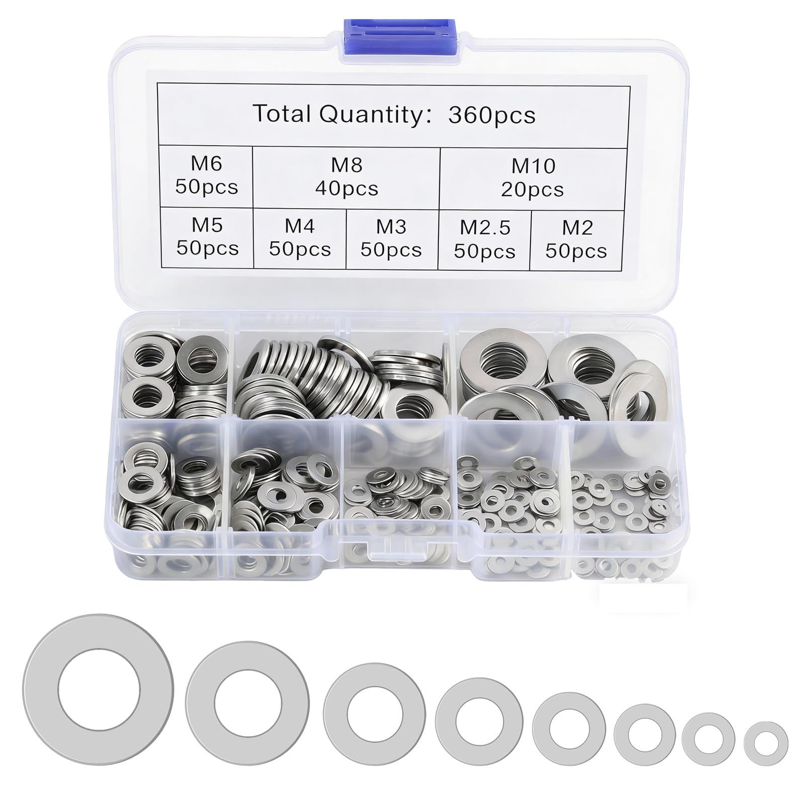 360PCS Stainless Large Flat Washer Set, Penny Washers for Screws and Bolts, M2 M2.5 M3 M4 M5 M6 M8 M10 Metal Washers for Screws, M6 Washers and Assorted for Durable Fastening