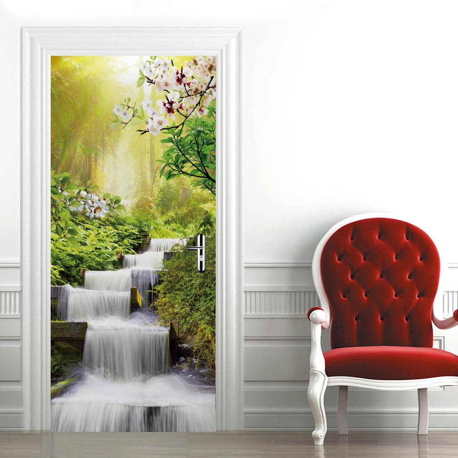 Sticker Porte 3D Trompe L'Œil Cascades Et Lacs 50x125 Cm – Effet Profondeur Imperméable Amovible, Décoration Intérieure Facile