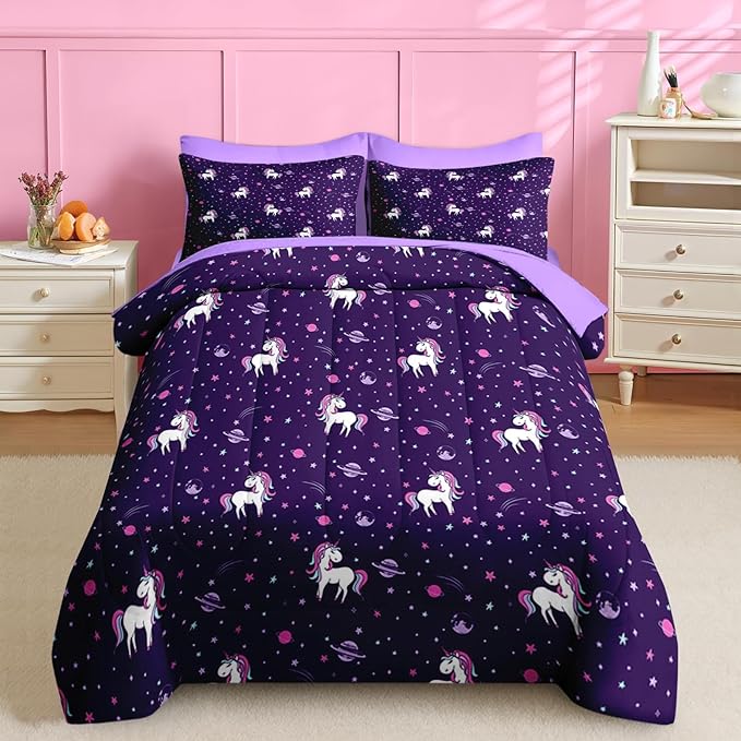 Nesker 5 Pcs Comforter Set Twin Size, Purple Rainbow Bedding for Kids Teen, Cute Unicorn Bed Sheet with Pillowcase & Sham