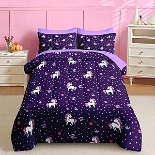 Nesker 5 Pcs Comforter Set Twin Size, Purple Rainbow Bedding for Kids Teen, Cute Unicorn Bed Sheet with Pillowcase & Sham