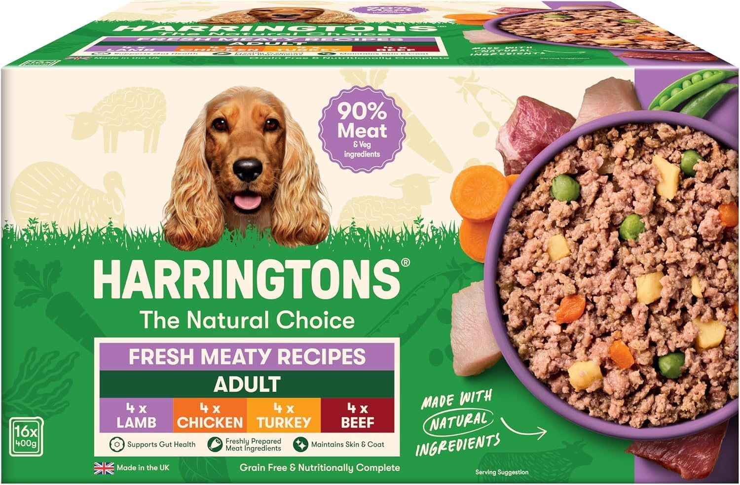 Harringtons Grain Free Hypoallergenic Wet Dog Food Meaty Pack 16x400g - Chicken, Lamb, Beef & Turkey - All Natural Ingredients (Packing may vary)