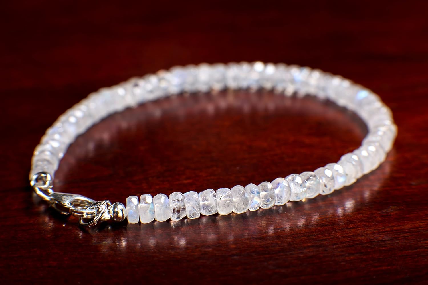 Moonstone Faceted Rondelle 4-5mm Bracelet in 925 Sterling Silver Clasp, Natural Precious gift for her.