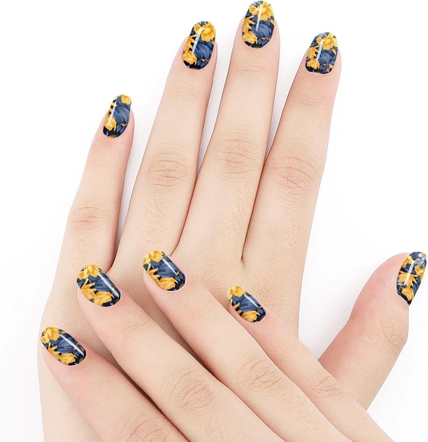 100 Pieces Full Nail Wraps Self-Adhesive Gel Nail Stickers for Women | Blue Base Yellow Floral Nail Strips, UV Free, Chip Resistant, Waterproof Full Cover, Long Lasting Nail Decals