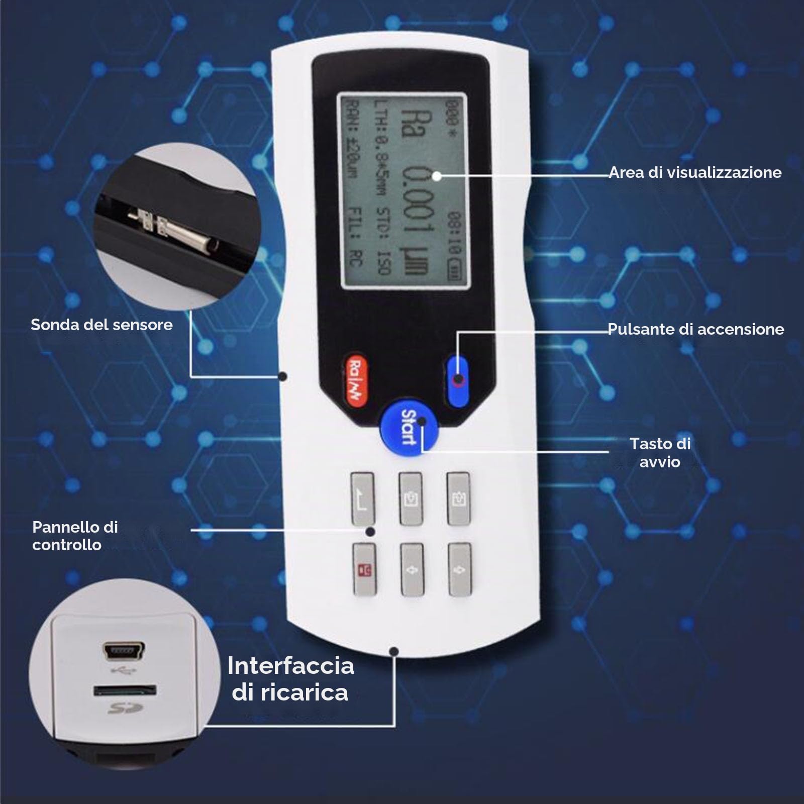 COYEUX Rugosimetro Digitale, Campo di Misura 160 μm, precisione 0,001 μm, con Display LCD e sonda diamantata, per superfici Metalliche