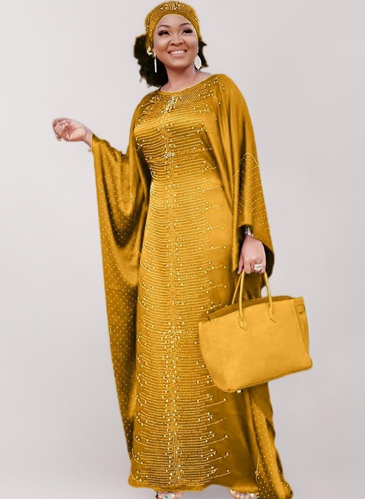 African Dresses for Women Fashion Beading Rhinestone Kaftan Maxi Dress