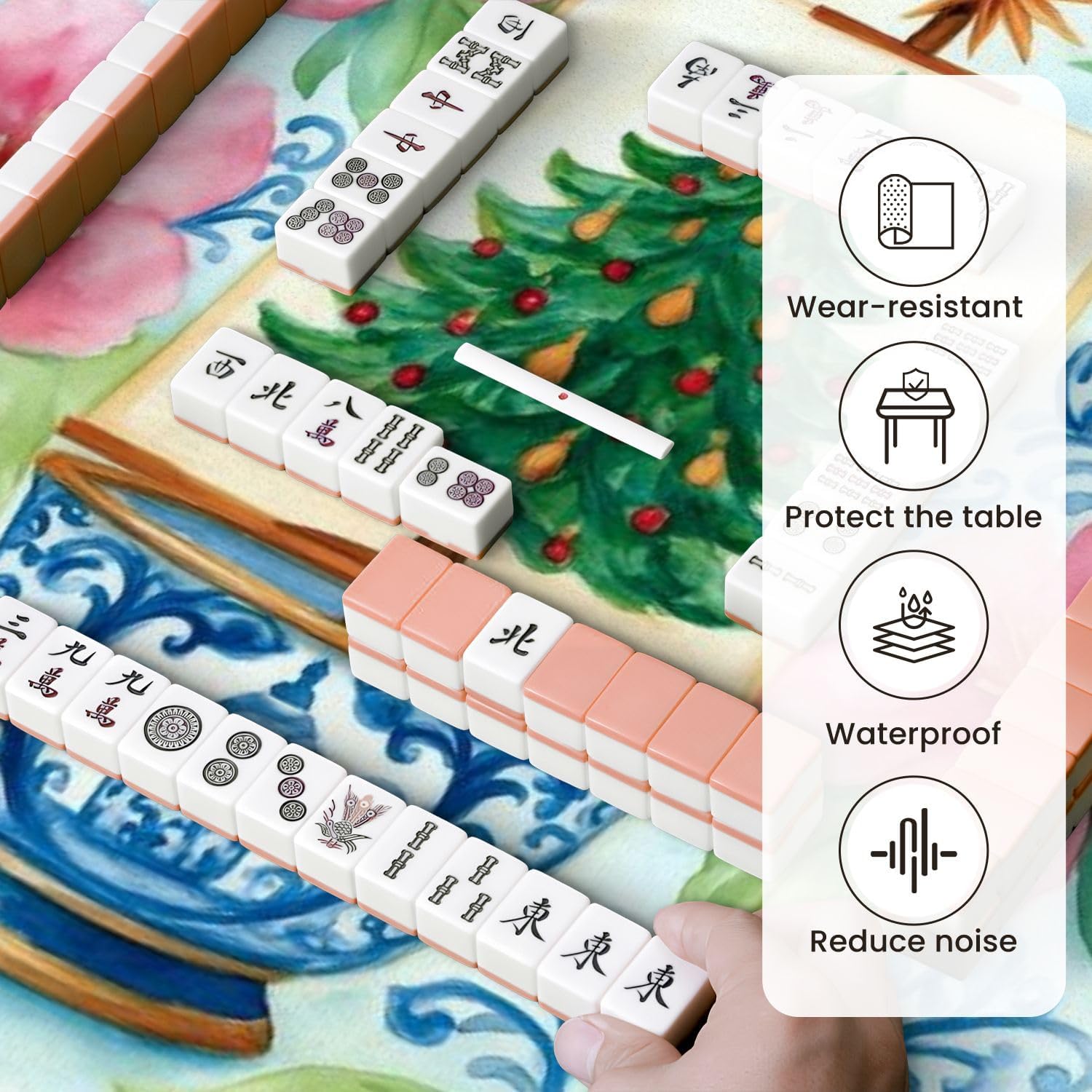 Mahjong Mat for Table Christmas Tree Blue Decorative Pot Pink Flowers Watercolor 31.5" x 31.5" Non-Slip Noise-Reducing Game Mat Premium Mahjong Accessories for Poker Dominoes Board Games