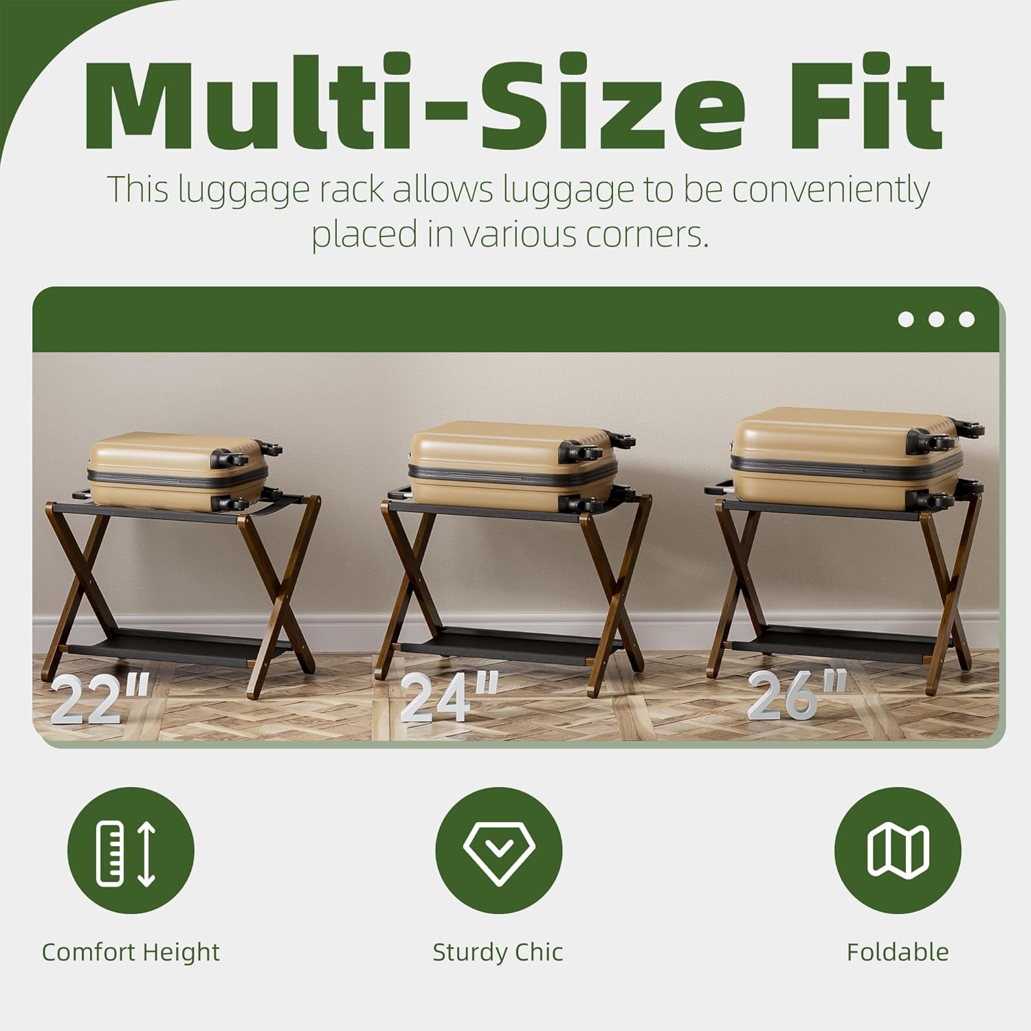 Luggage Rack, Set of 2, Folding Suitcase Stand with Storage Shelf, Premium Bamboo Luggage Holder for Guest Room, Bedroom, Hotel, Closet, Holds up to 135 lb (Walnut)