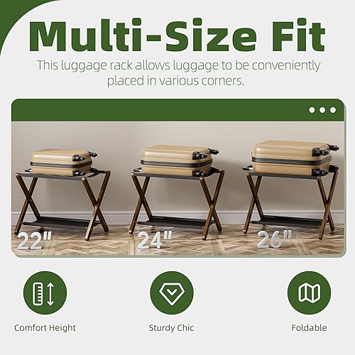 Miniatura 6 de Portaequipajes, juego de 2, soporte plegable para maleta con estante de almacenamiento, soporte de equipaje de bambú premium para habitación de