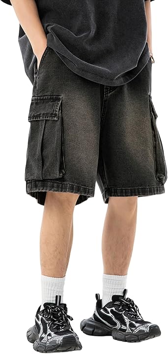 Mens Elastic Drawstring Waist Loose Baggy Hip Hop Skateboard Cargo Denim Jeans Shorts