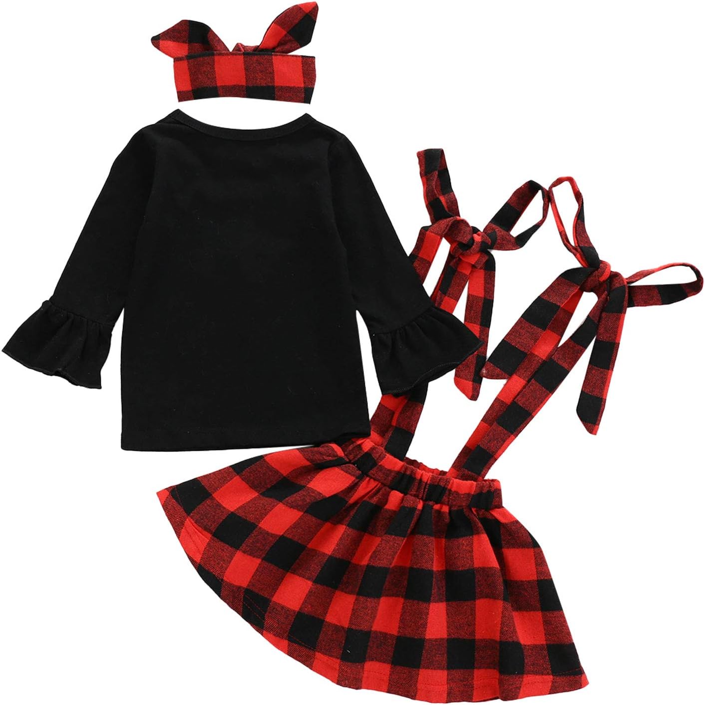Oyolan 3PCS Kids Girls Long Flared Sleeve Embroidered Elk Applique Top Plaid Suspenders Skirt Set with Headband