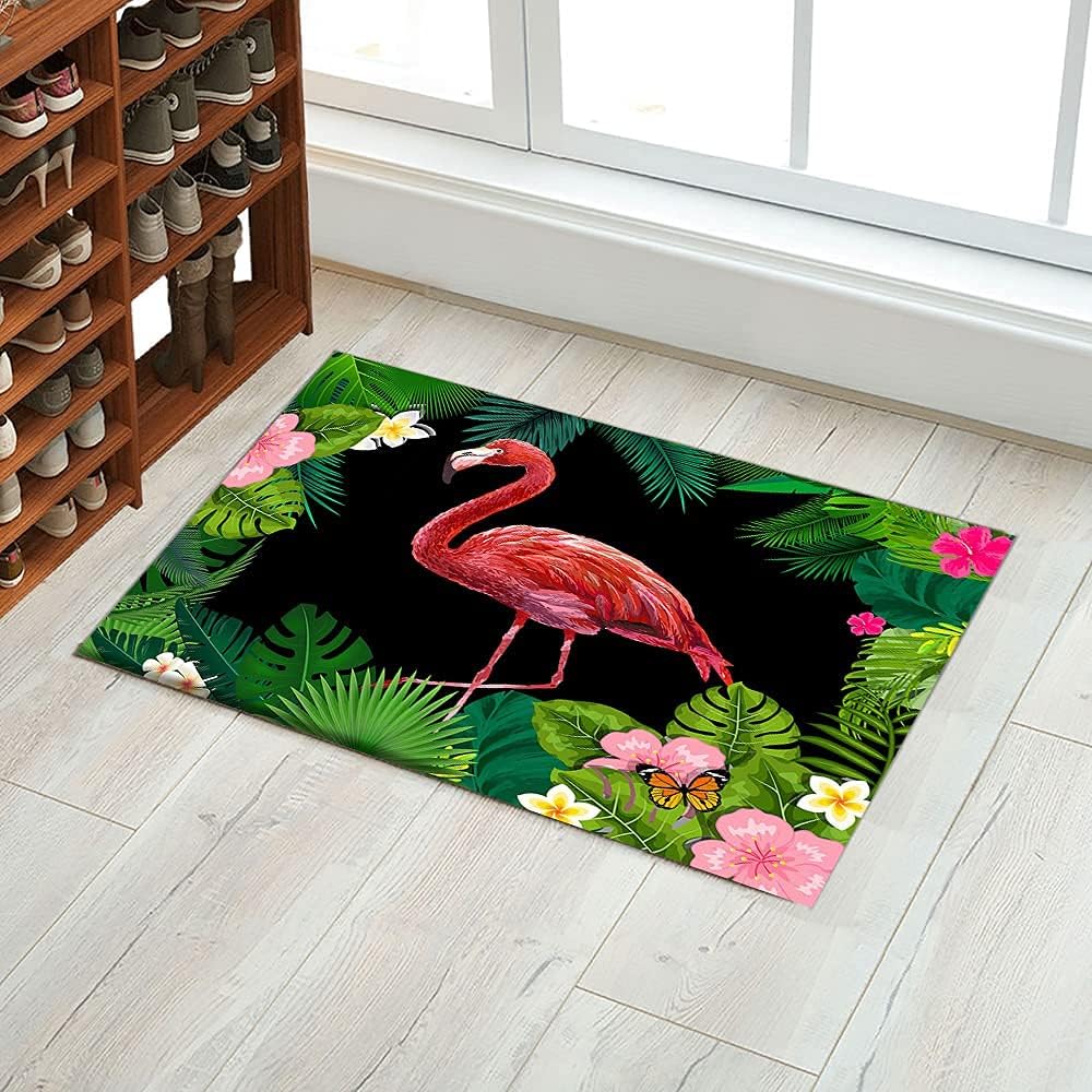 Flamingo Doormat - Flamingo and Tropical Leaves Doormats Welcome Door Mat Rug for Kitchen Bathroom Outdoor