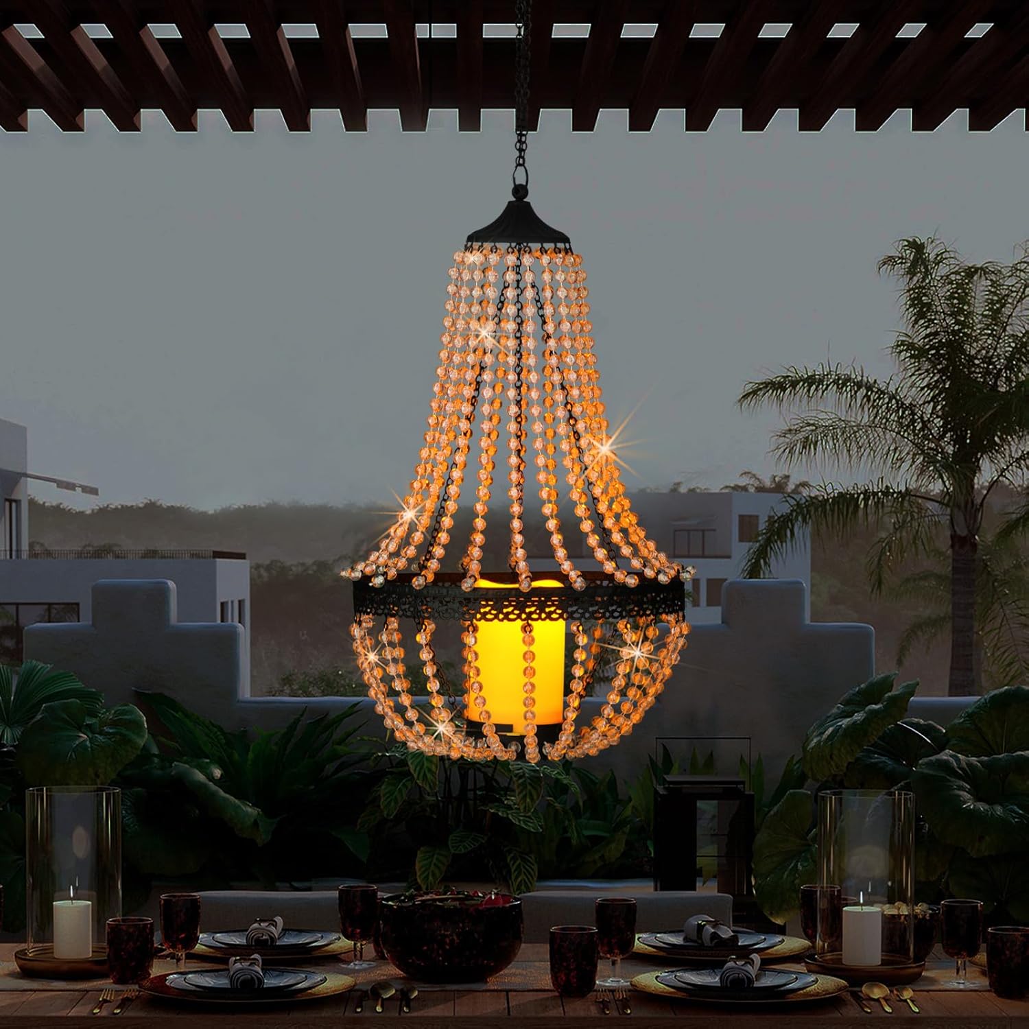 Hanging Candle Lantern Outdoor, 27” Battery Operated Modern Clear Acrylic Crystal Chandeliers with Flickering Yellow Led Candle Light S Hooks for Garden, Backyard, Gazebo, Room Indoor Indoor Decor