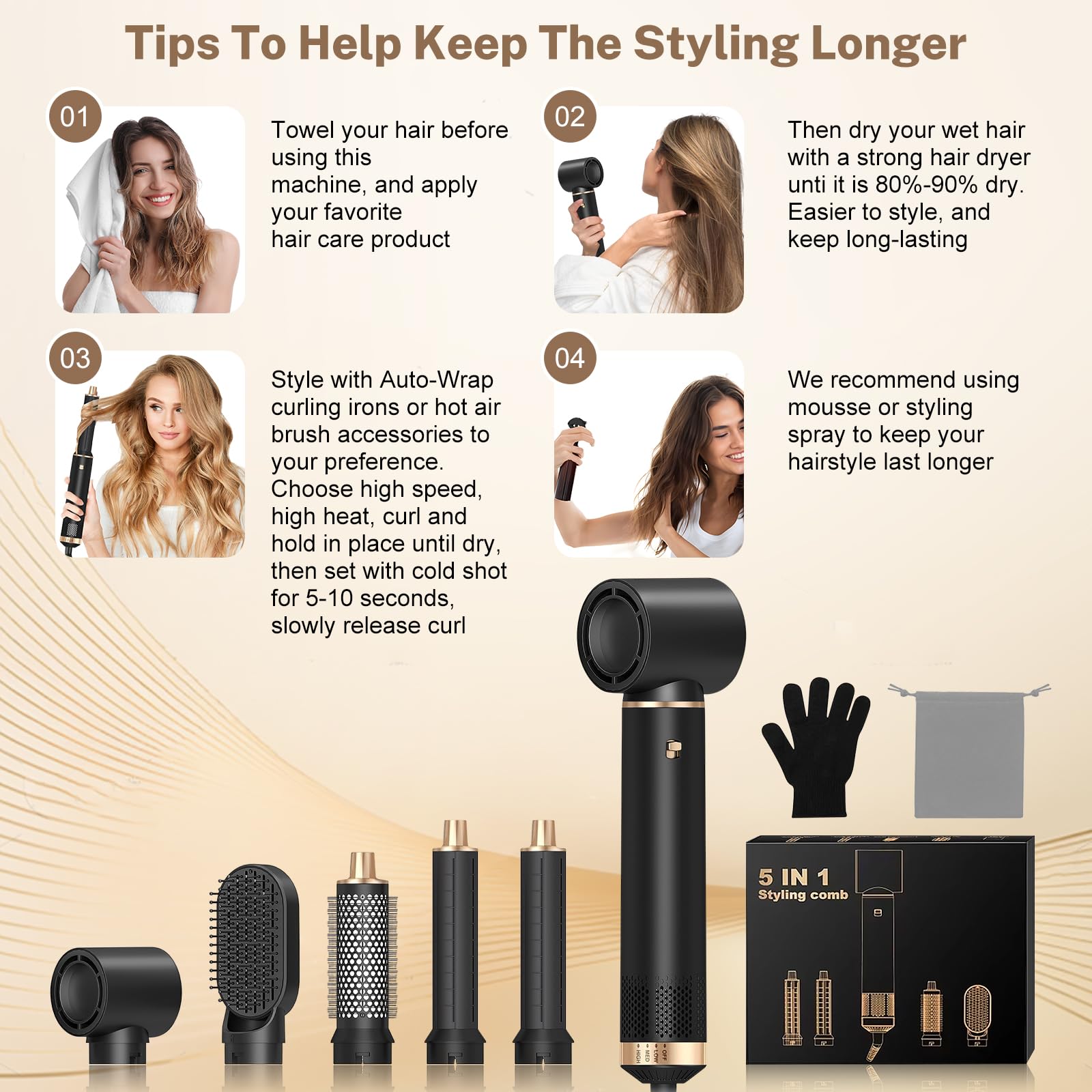 Hair Styler 5 in 1, set di styler per capelli con spazzola rotonda, spazzola ad aria calda, ferro arricciacapelli automatico Airflow