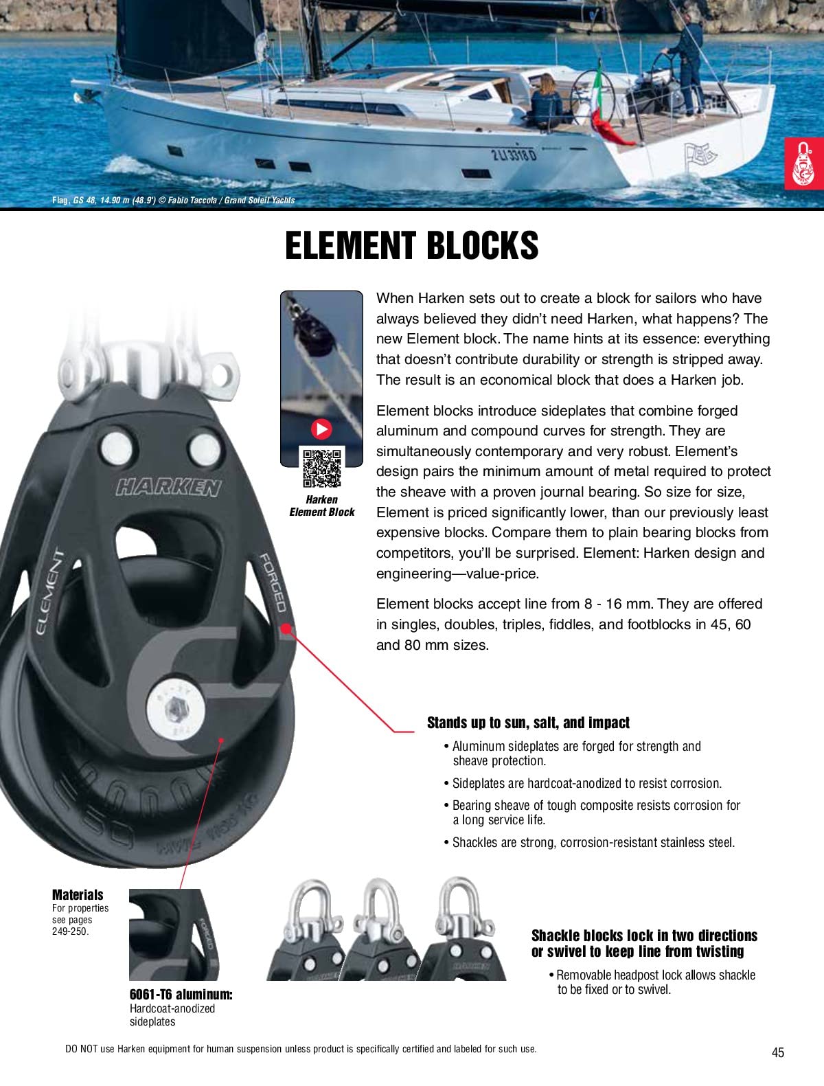 HARKEN Bozzello Element Semplice/girella Puleggia da 45 mm per Cima Fino a 12 mm