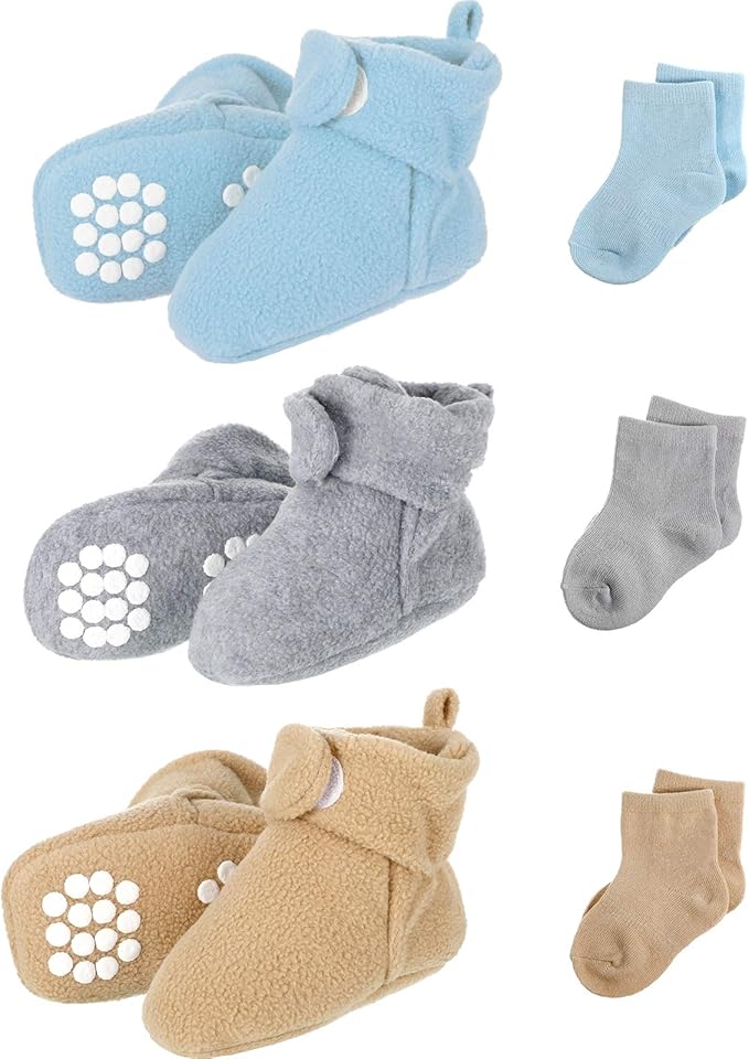 SATINIOR 3-Pair Fleece Baby Booties with 3-Pair Cotton Socks – Soft Unisex Infant Shoes & Socks Set (0–18 Months, White/Gray/Pink/Beige/Brown)