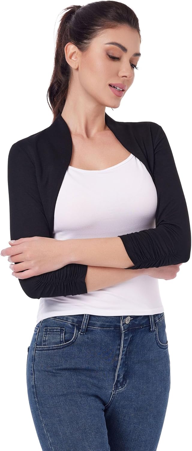 AmélieBoutik Women 3/4 Sleeve Lace Back Bolero Cropped Cardigan Open Front Bolero Shrug for Dress Casual - Image 2