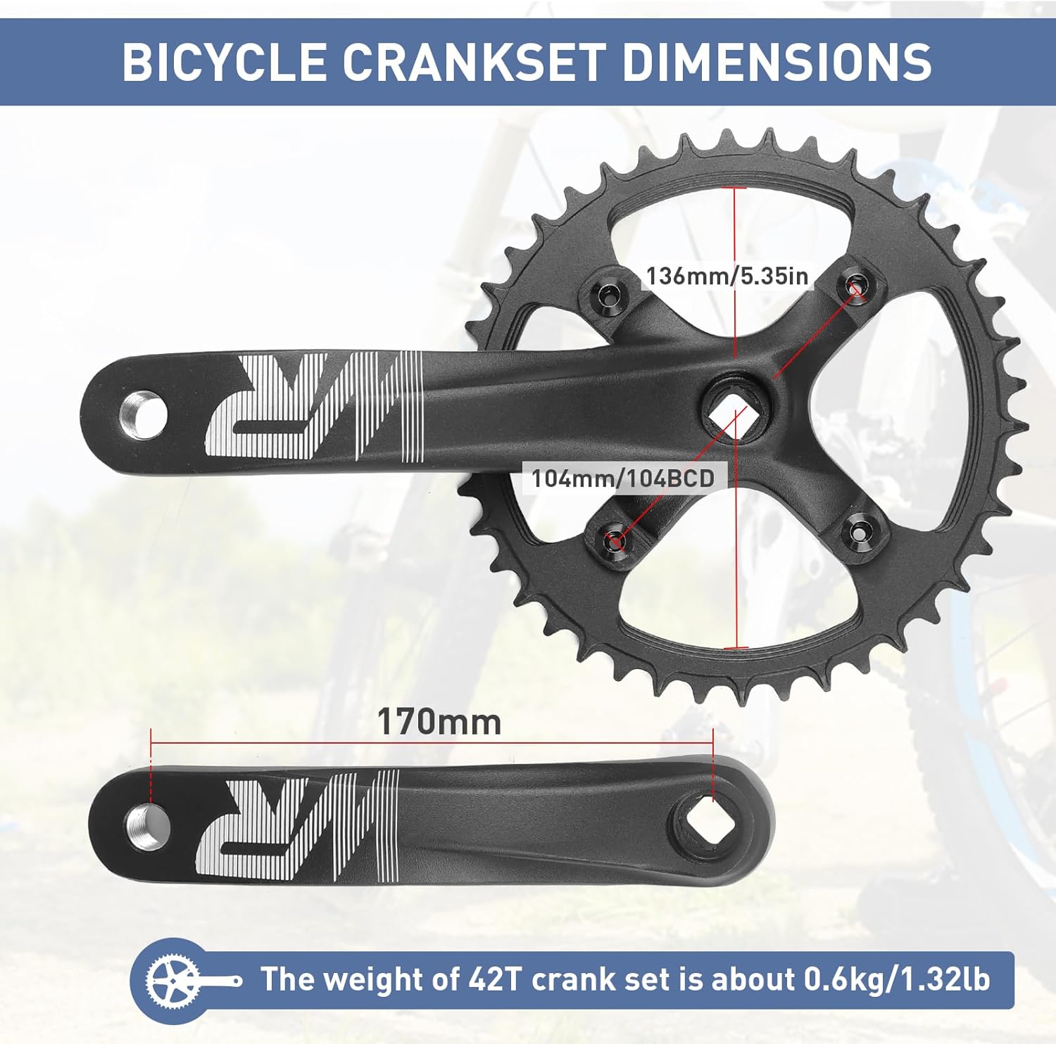 WEEROCK Mountain Bike Crankset Aluminium Alloy 1 Piece/Single 42T Charing Crank Set with 170mm Arm 104 BCD, Compatible with Single Speed Bicycle and 6/7/8/9/10/11 Speeds MTB Bike