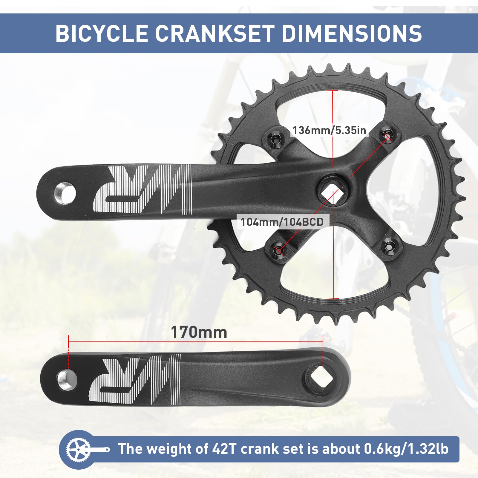 MEGHNA Pédalier de vélo 170 mm 42T universel pour vélo simple vitesse et vélo 6/7/8/9/10/11 vitesses, VTT, BMX, vélo de route