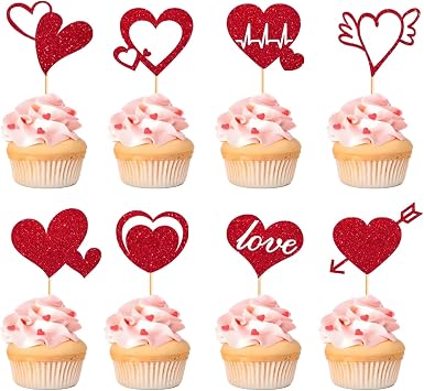 32Pcs Valentines Day Cupcake Toppers Red Heart Glitter Cake Toppers Decorations for Valentines Day Sweet Love Theme Party Wedding Anniversary Bridal Shower Supplies