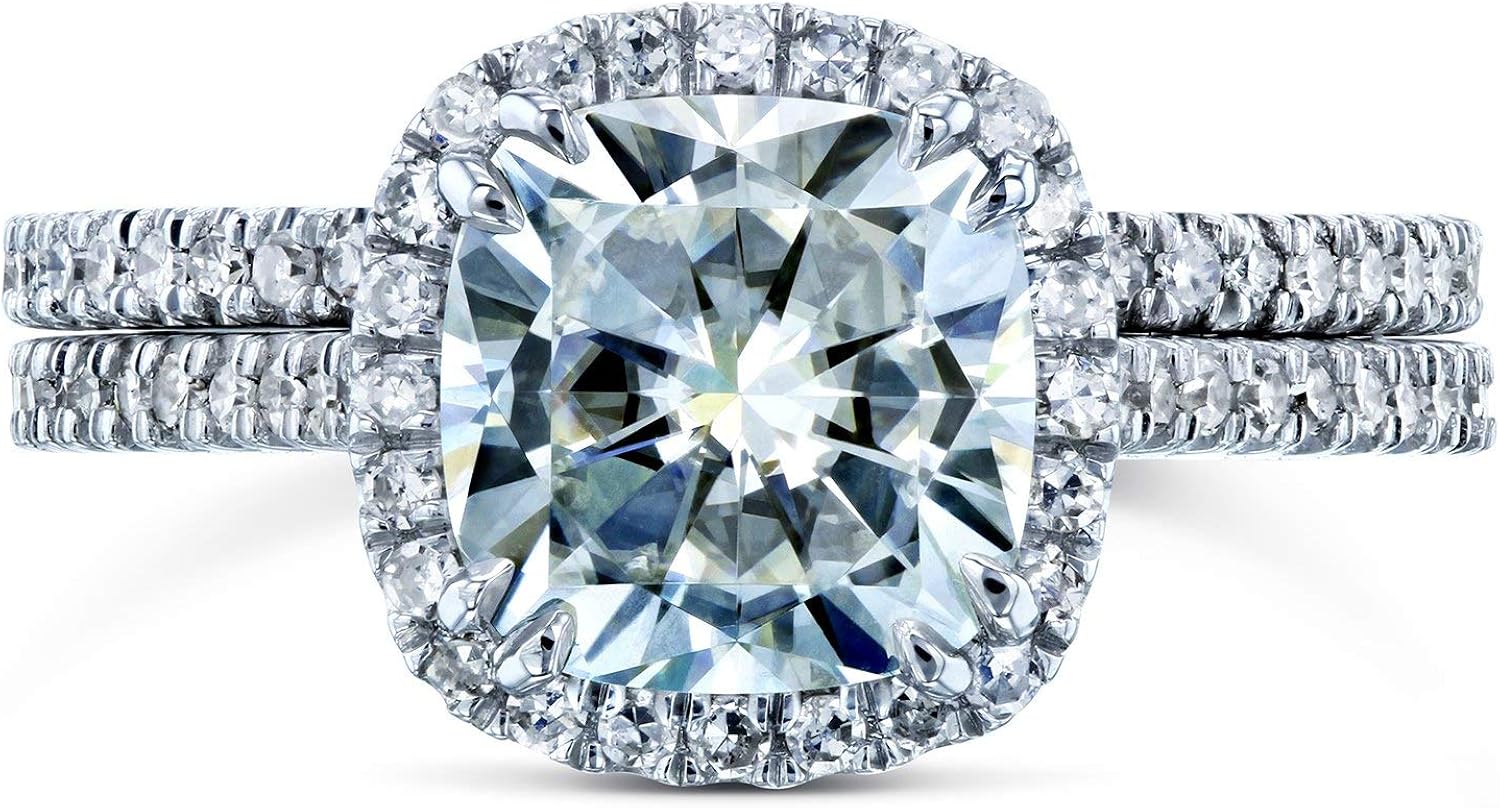 Kobelli Cushion Brilliant Moissanite Halo Bridal Wedding Rings Set 2 3/8 CTW 14k White Gold : Clothing, Shoes & Jewelry